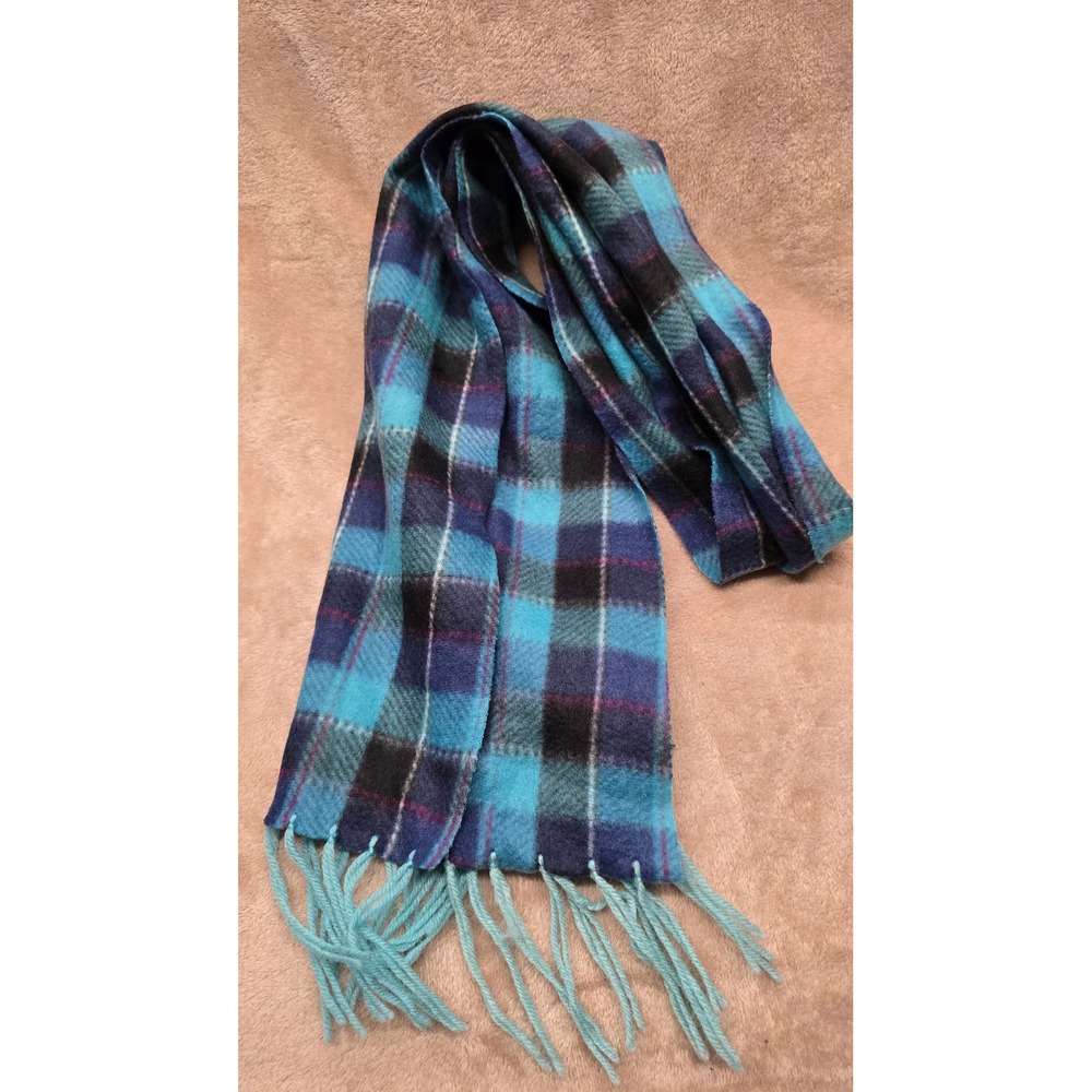 Plaid Fleece Scarf Turquoise Blue Purple Black Check Fringed Winter Neck Warmer